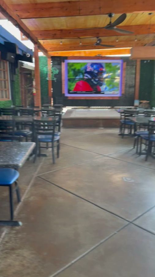 The covered patio dining area